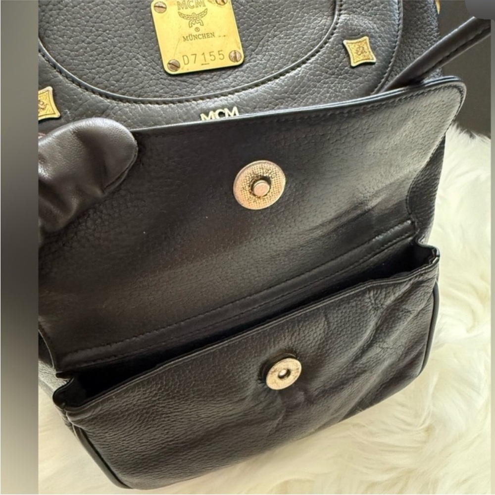 MCM Black Leather Backpack with Gold Accents and draw strings 12"x11" - Picture 16 of 16